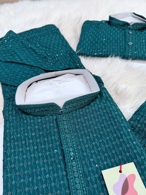 Chikankari Rayon with Sequins  2 Piece Kurta Pajama Set, Father & Son's Outfit, Teal Blue Shade, DM -1967