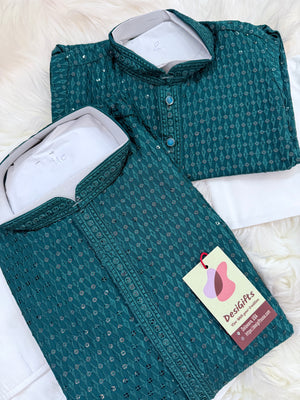 Chikankari Rayon with Sequins  2 Piece Kurta Pajama Set, Father & Son's Outfit, Teal Blue Shade, DM -1967