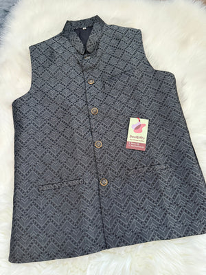 Premium  Gray-Black Shade Jacket for Men, Self Woven Silk Indian Waistcoat, Sadri, Stylish Ethnic Jacket, J - 1969