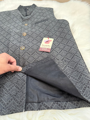 Premium  Gray-Black Shade Jacket for Men, Self Woven Silk Indian Waistcoat, Sadri, Stylish Ethnic Jacket, J - 1969
