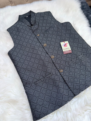 Premium  Gray-Black Shade Jacket for Men, Self Woven Silk Indian Waistcoat, Sadri, Stylish Ethnic Jacket, J - 1969