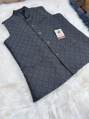 Premium  Gray-Black Shade Jacket for Men, Self Woven Silk Indian Waistcoat, Sadri, Stylish Ethnic Jacket, J - 1969