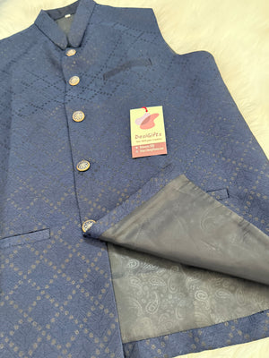 Premium  Blue Black Shade Jacket for Men, Self Woven Silk Indian Waistcoat, Sadri, Stylish Ethnic Jacket, J - 1970