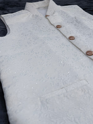 Premium  Cream Shade Jacket for Men, Self Woven Silk Indian Waistcoat, Sadri, Stylish Ethnic Jacket, J - 1968