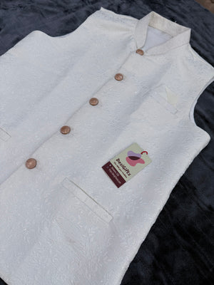 Premium  Cream Shade Jacket for Men, Self Woven Silk Indian Waistcoat, Sadri, Stylish Ethnic Jacket, J - 1968