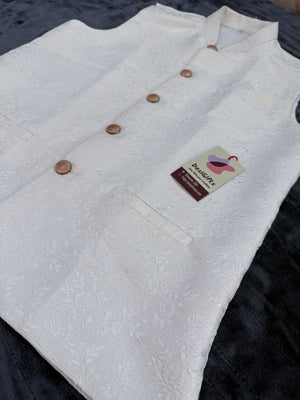 Premium  Cream Shade Jacket for Men, Self Woven Silk Indian Waistcoat, Sadri, Stylish Ethnic Jacket, J - 1968