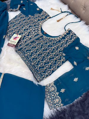 Size XL, Colorful Blue Heavy Embroidery Georgette  Lehenga Choli 3 Pieces Ethnic Wear for Girls, Design LHG - 1971