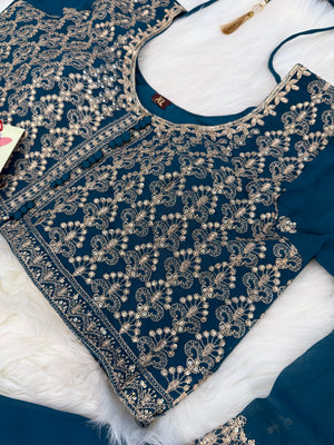 Size XL, Colorful Blue Heavy Embroidery Georgette  Lehenga Choli 3 Pieces Ethnic Wear for Girls, Design LHG - 1971