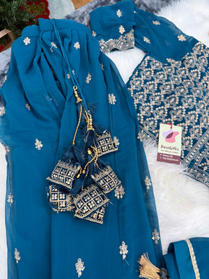 Size XL, Colorful Blue Heavy Embroidery Georgette  Lehenga Choli 3 Pieces Ethnic Wear for Girls, Design LHG - 1971