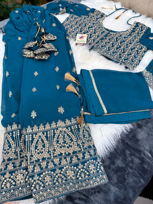 Size XL, Colorful Blue Heavy Embroidery Georgette  Lehenga Choli 3 Pieces Ethnic Wear for Girls, Design LHG - 1971