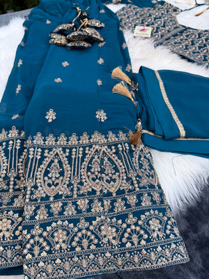 Size XL, Colorful Blue Heavy Embroidery Georgette  Lehenga Choli 3 Pieces Ethnic Wear for Girls, Design LHG - 1971