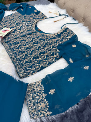 Size XL, Colorful Blue Heavy Embroidery Georgette  Lehenga Choli 3 Pieces Ethnic Wear for Girls, Design LHG - 1971