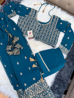 Size XL, Colorful Blue Heavy Embroidery Georgette  Lehenga Choli 3 Pieces Ethnic Wear for Girls, Design LHG - 1971