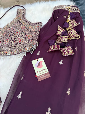 Size XL, Tyrian Purple Heavy Embroidery Georgette  Lehenga Choli 3 Pieces Ethnic Wear for Girls, Design LHG - 1972