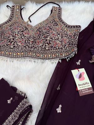 Size XL, Tyrian Purple Heavy Embroidery Georgette  Lehenga Choli 3 Pieces Ethnic Wear for Girls, Design LHG - 1972