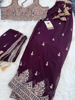 Size XL, Tyrian Purple Heavy Embroidery Georgette  Lehenga Choli 3 Pieces Ethnic Wear for Girls, Design LHG - 1972