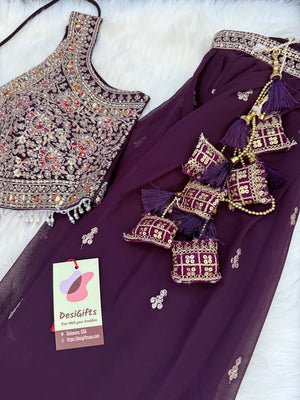 Size XL, Tyrian Purple Heavy Embroidery Georgette  Lehenga Choli 3 Pieces Ethnic Wear for Girls, Design LHG - 1972