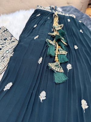 Size L, Dark Green Heavy Embroidery Georgette  Lehenga Choli 3 Pieces Ethnic Wear for Girls, Design LHG - 1973