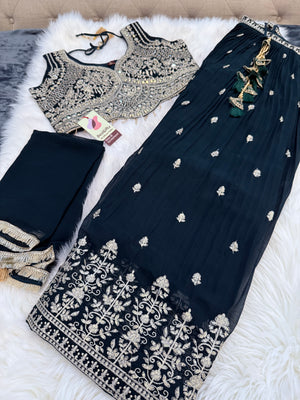 Size L, Dark Green Heavy Embroidery Georgette  Lehenga Choli 3 Pieces Ethnic Wear for Girls, Design LHG - 1973