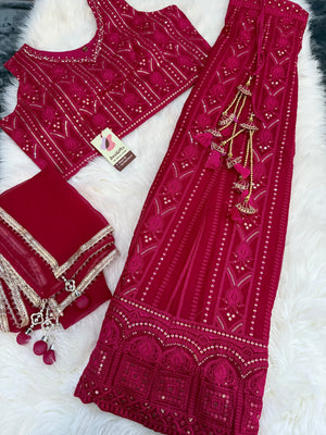 Size 2XL, Red Heavy Embroidery Georgette  Lehenga Choli 3 Pieces Ethnic Wear for Girls, Design LHG - 1975