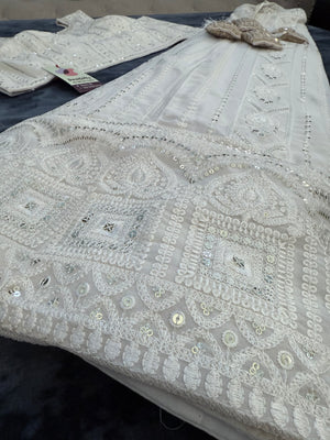 Size 2XL, Cream Embroidery Georgette  Lehenga Choli 3 Pieces Ethnic Wear for Girls, Design LHG - 1976