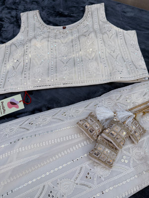 Size 2XL, Cream Embroidery Georgette  Lehenga Choli 3 Pieces Ethnic Wear for Girls, Design LHG - 1976