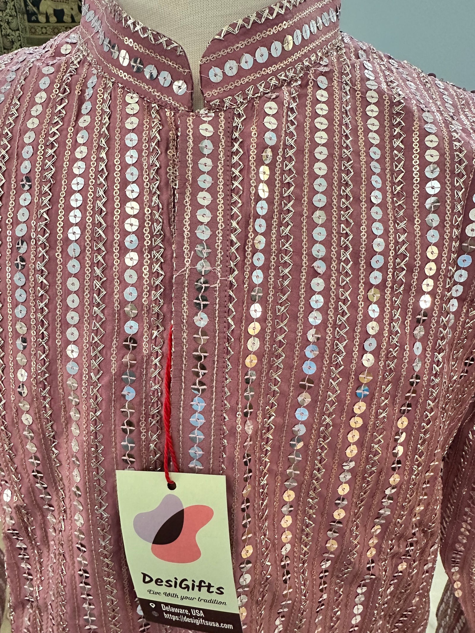 Size 44, Onion Shade Heavy Mirror work Viscose  2 Piece Kurta Pajama Set for Man, Party Wear, KP - 1291