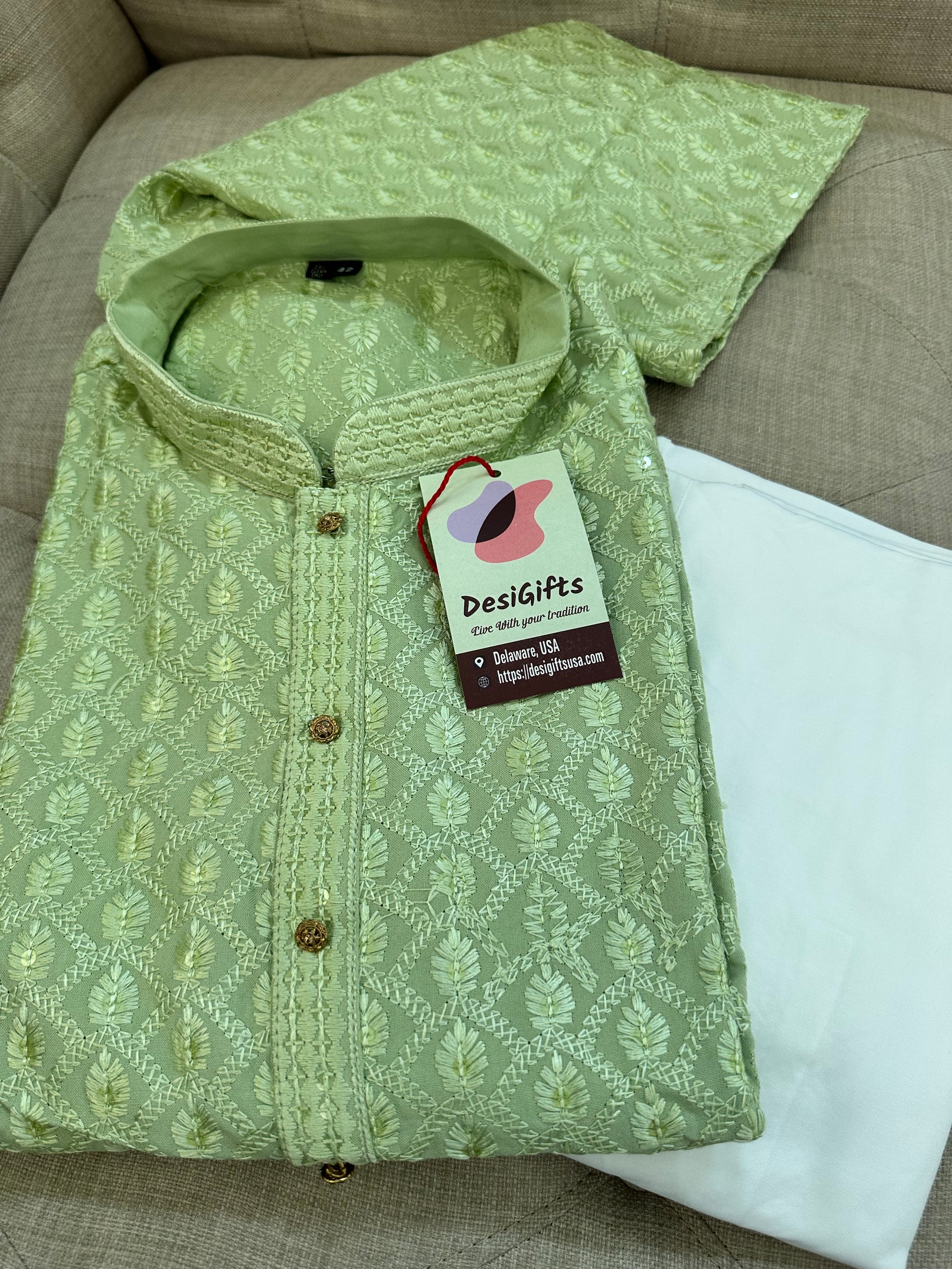 Size 38, Lime Green embroidered 2 Piece Kurta Pajama Set for Man, Soft and lightweight KP - 1295
