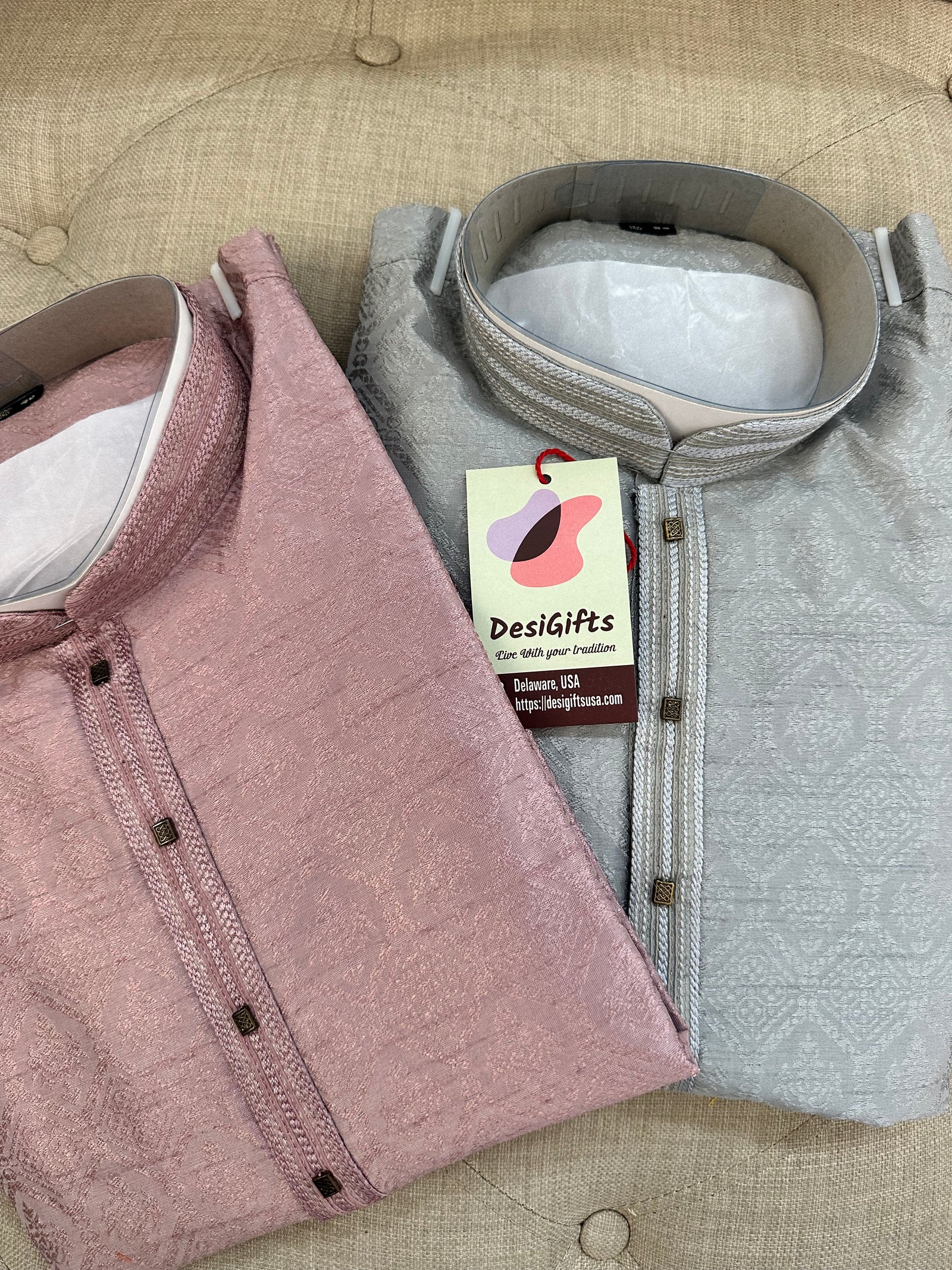 Jacquard Silk in Salmon & Gray Shade  Kurta Pajama Set for Man, Design KPS# 1296