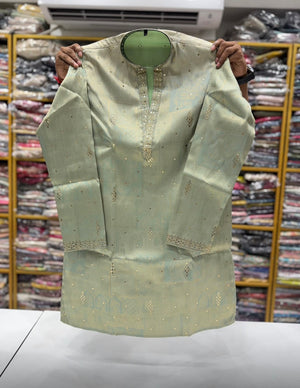 Men’s Mint Green Shorter Kurta with Parallel Pants | Gold Embellished Jacquard Kurta Pajama Set | Indo-Western Wedding & Festive Kurta Set, KP - 4043