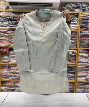 Men’s Ice Blue Shorter Kurta with Parallel Pants | Gold Embellished Jacquard Kurta Pajama Set | Indo-Western Wedding & Festive Kurta Set, KP - 4044