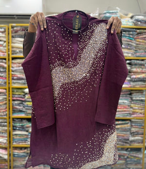 Men’s Wine Sequin Embellished Shorter Length Kurta with Parallel Pants | Indo-Western Wedding & Festive Kurta Pajama Set, KP - 4042