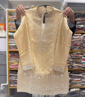 Men’s Champagne Beige Embroidered Kurta with with Parallel Pants | Textured Silk Blend Wedding Kurta Pajama Set | Festive Indian Ethnic Wear, KP - 4046