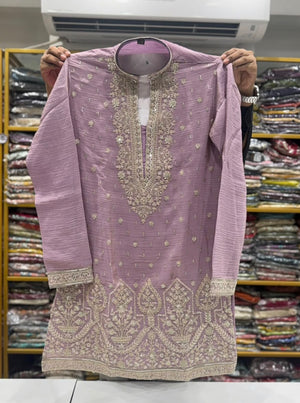 Men’s Pastel Purple Embroidered Kurta with with Parallel Pants | Textured Silk Blend Wedding Kurta Pajama Set | Festive Indian Ethnic Wear, KP - 4047