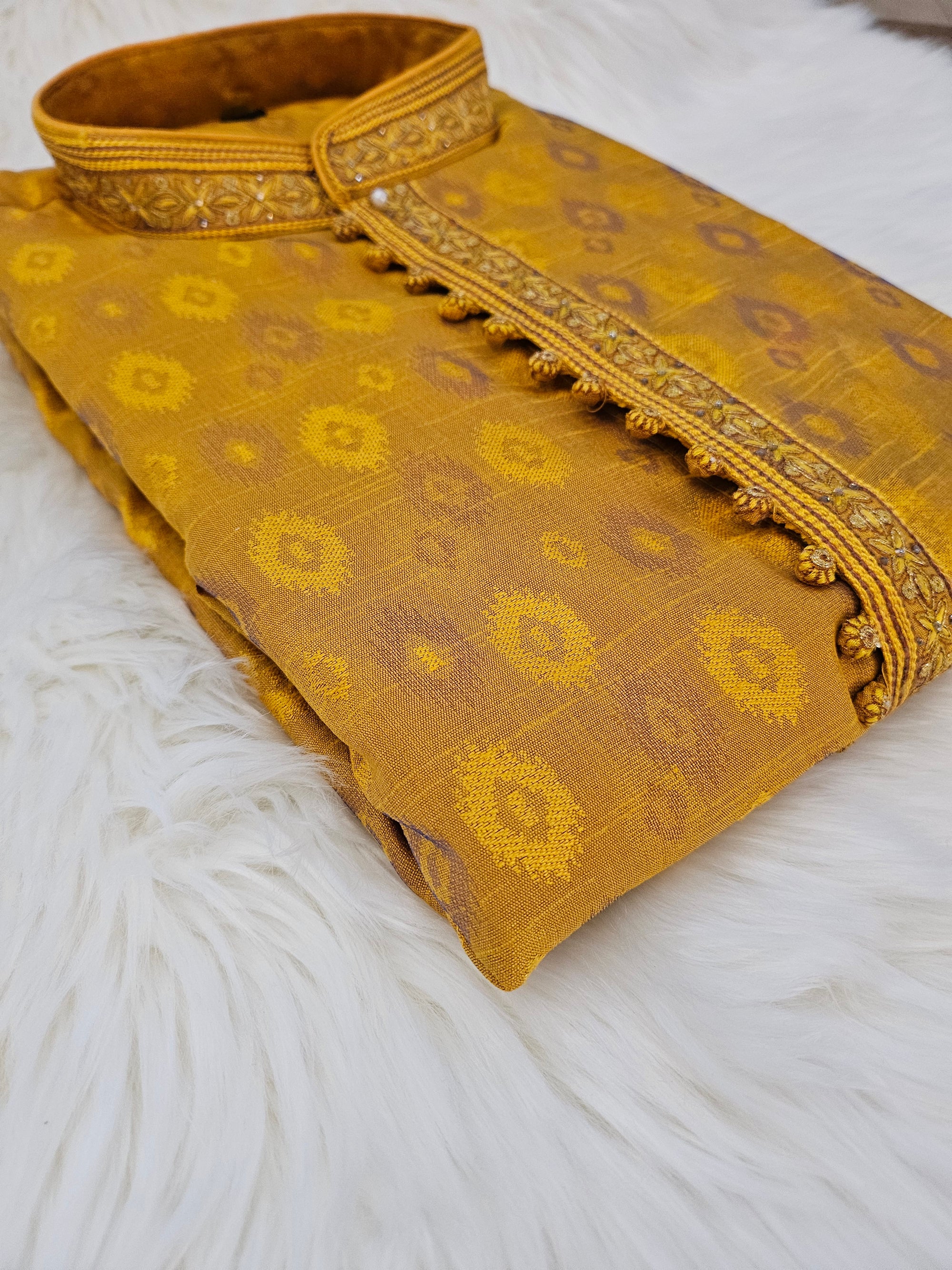 Size 38, Silk Mustard Yellow Shade Self Design Kurta Pajama Set, Design KP-1202