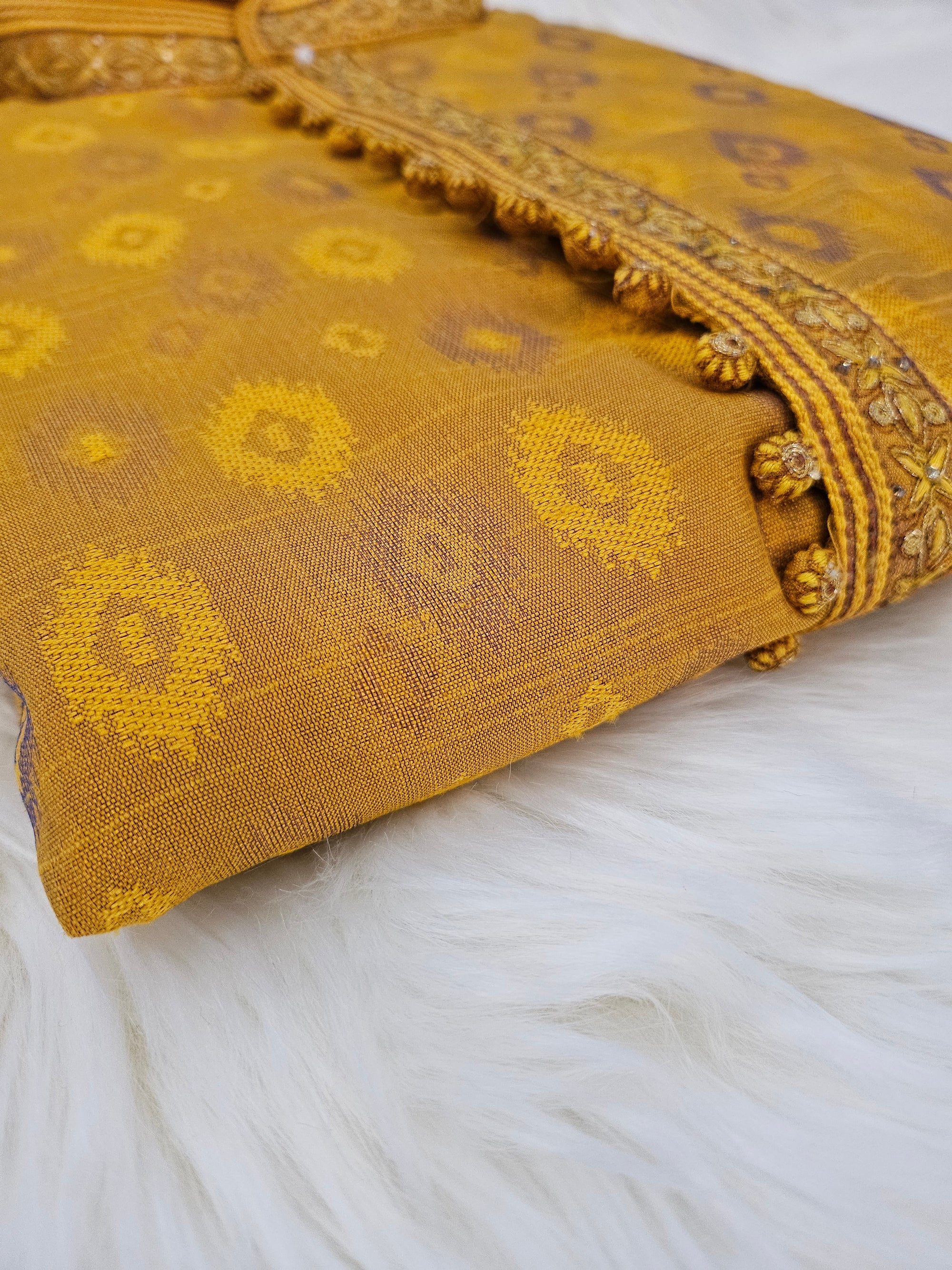 Banarasi Silk Mustard Yellow Shade Self Design Kurta Pajama Set, Design KP-1202