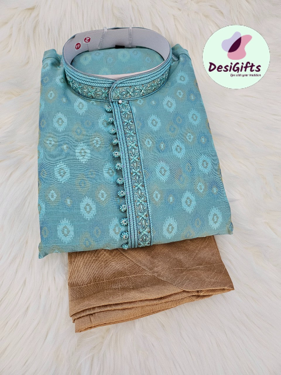 Size 42,  Silk Skyblue Shade Self Design Kurta Pajama Set, Design KP-1203