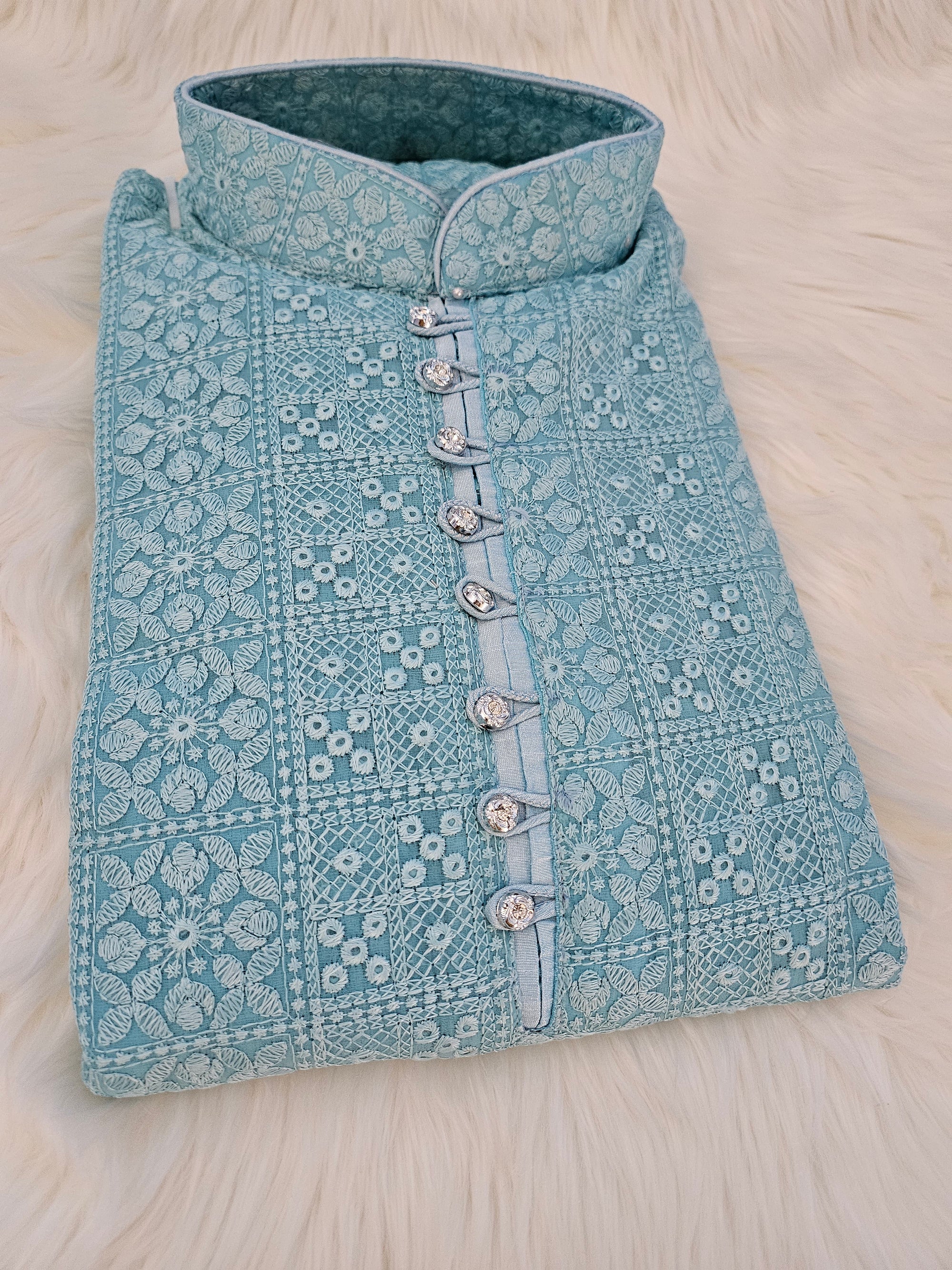 Soft SkyBlue Shade Georgette with Intricate Chikankari Embroidery Kurta Pajama Set, KP - 1213