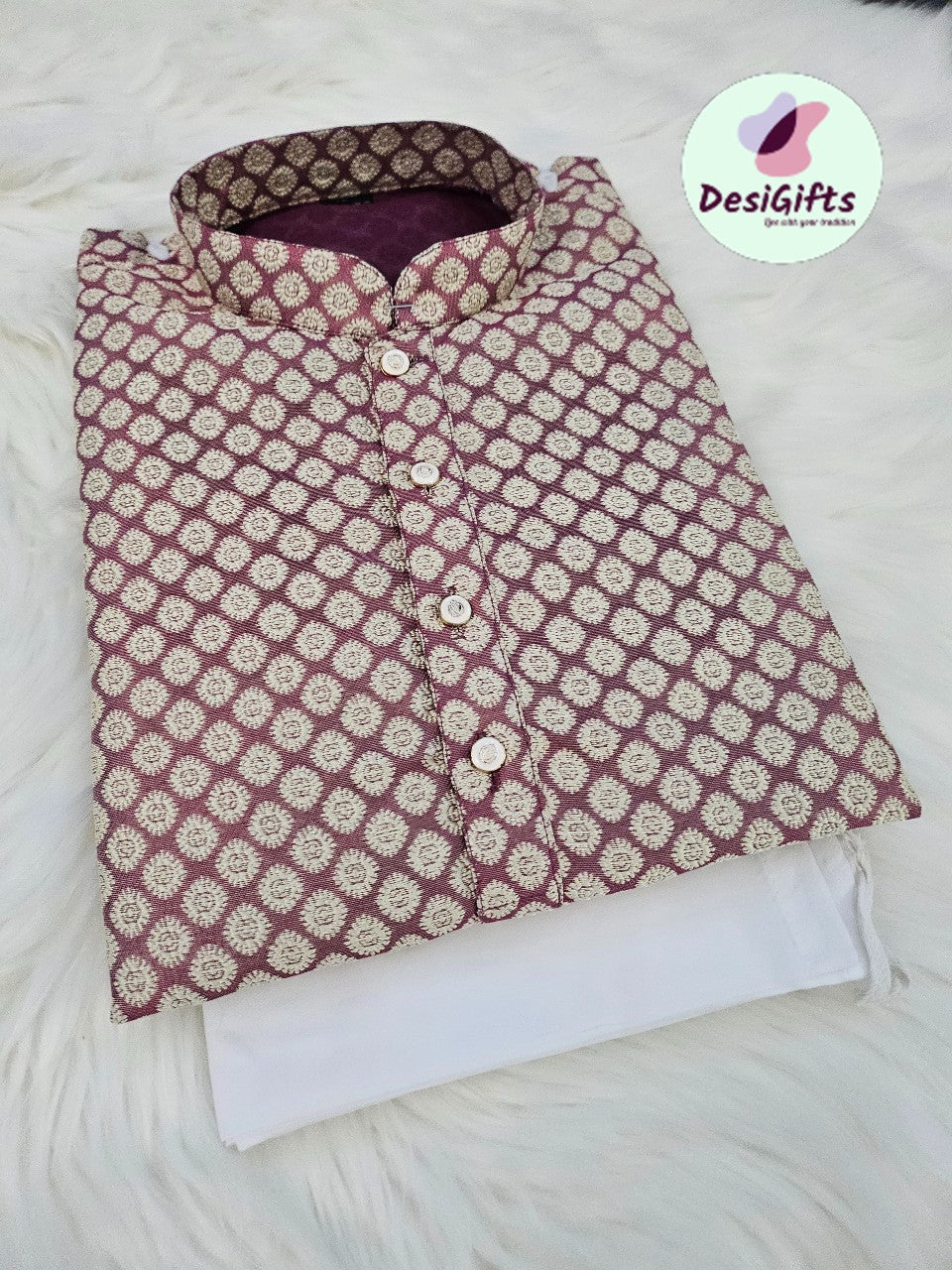 Mahogany Red Jacquard Silk Self Woven in Golden Design Kurta Pajama Set, Men KPS- 1218