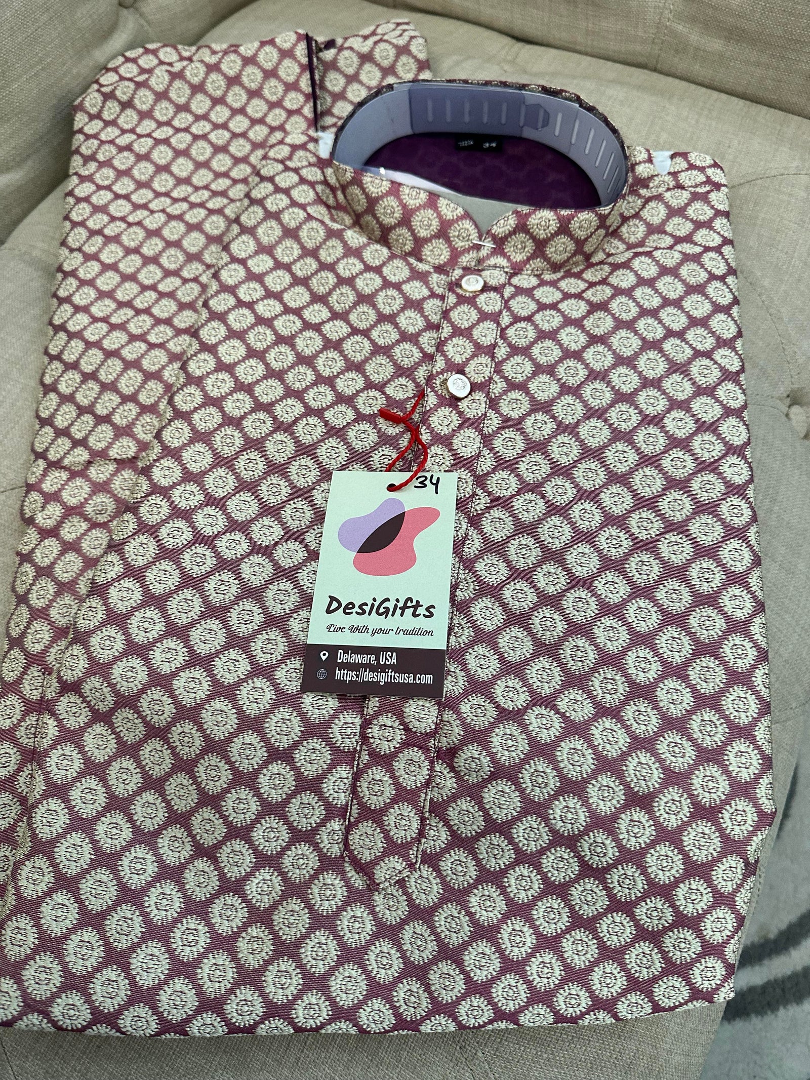 Mahogany Red Jacquard Silk Self Woven in Golden Design Kurta Pajama Set, Men KPS- 1218