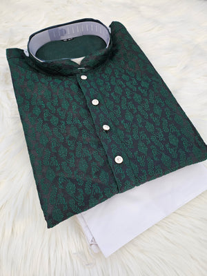 Adaptable Self Woven kurta pajama set with a luxurious blend of silk and cotton linen Kurta Pajama Set, Men KPS- 1219