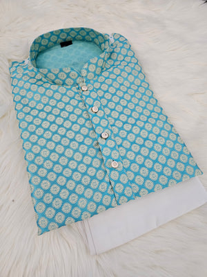Arctic Blue Jacquard Silk Self Woven in Golden Design Kurta Pajama Set, Men KPS- 1221
