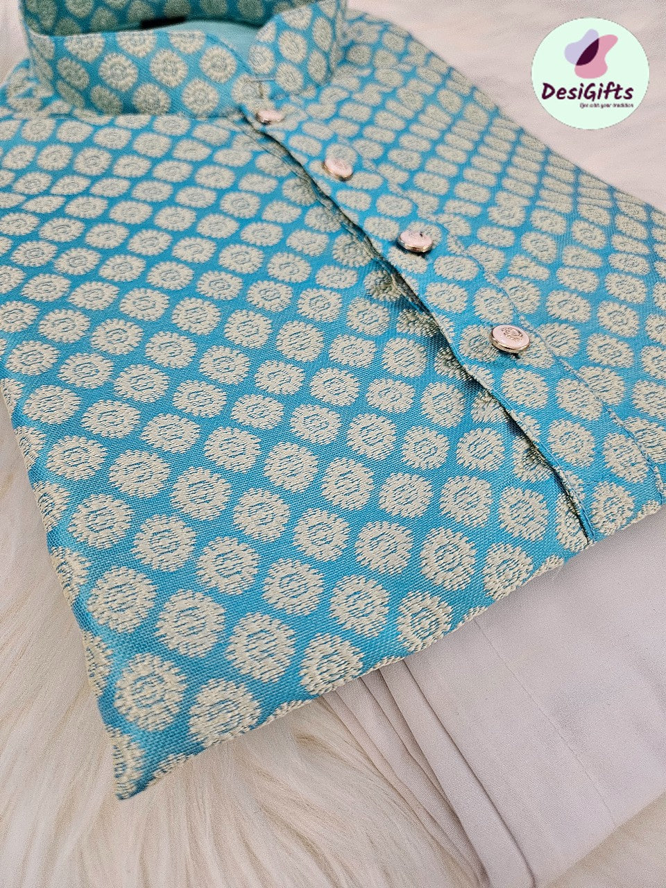 Arctic Blue Jacquard Silk Self Woven in Golden Design Kurta Pajama Set, Men KPS- 1221