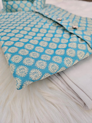 Arctic Blue Jacquard Silk Self Woven in Golden Design Kurta Pajama Set, Men KPS- 1221