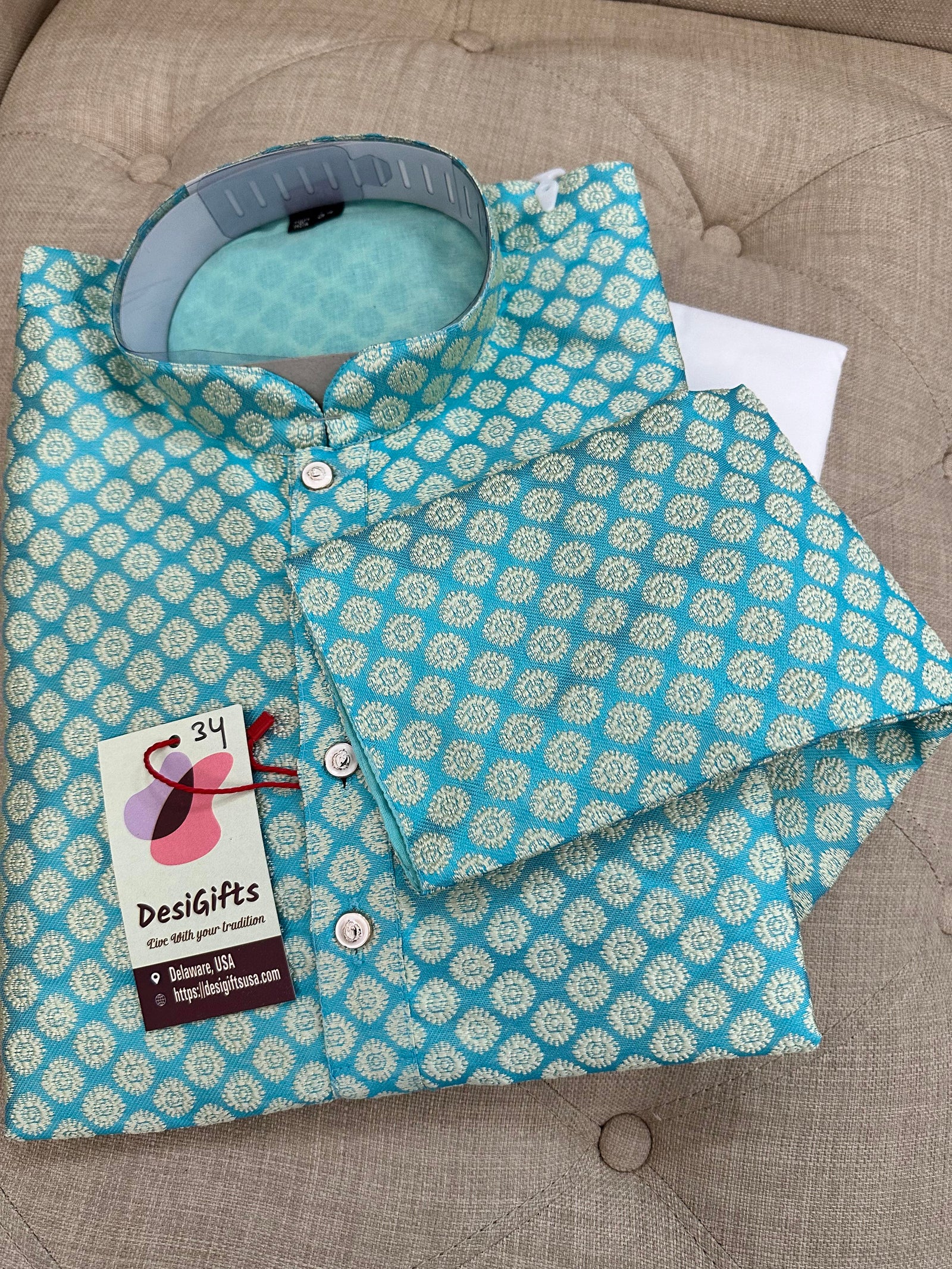 Arctic Blue Jacquard Silk Self Woven in Golden Design Kurta Pajama Set, Men KPS- 1221