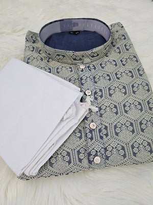 Jacquard Silk Self Woven Pattern with Linen Kurta Pajama Set, Men KPS- 1222