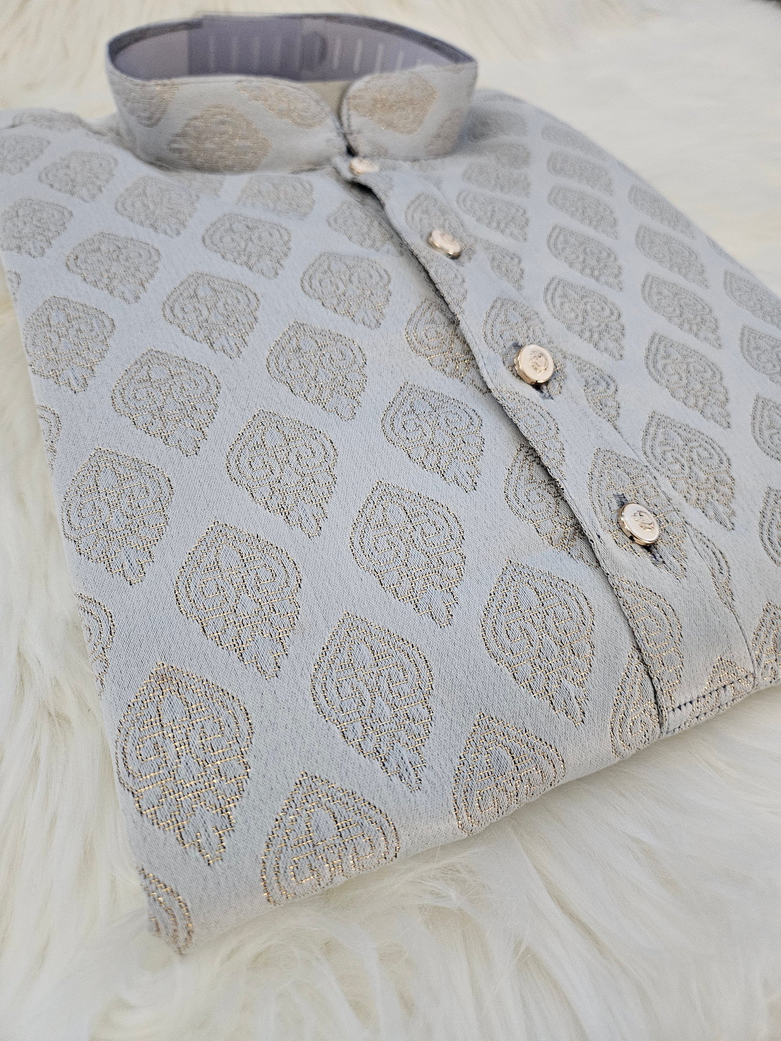 Gray Jacquard Silk Self Woven with Cotton Linen Kurta Pajama Set, Men KPS- 1223