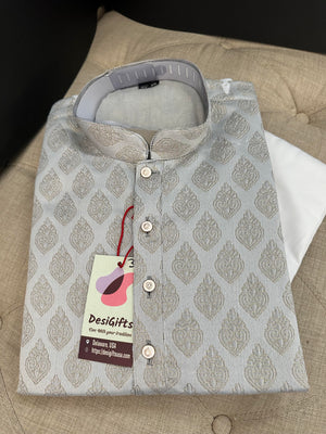 Gray Jacquard Silk Self Woven with Cotton Linen Kurta Pajama Set, Men KPS- 1223