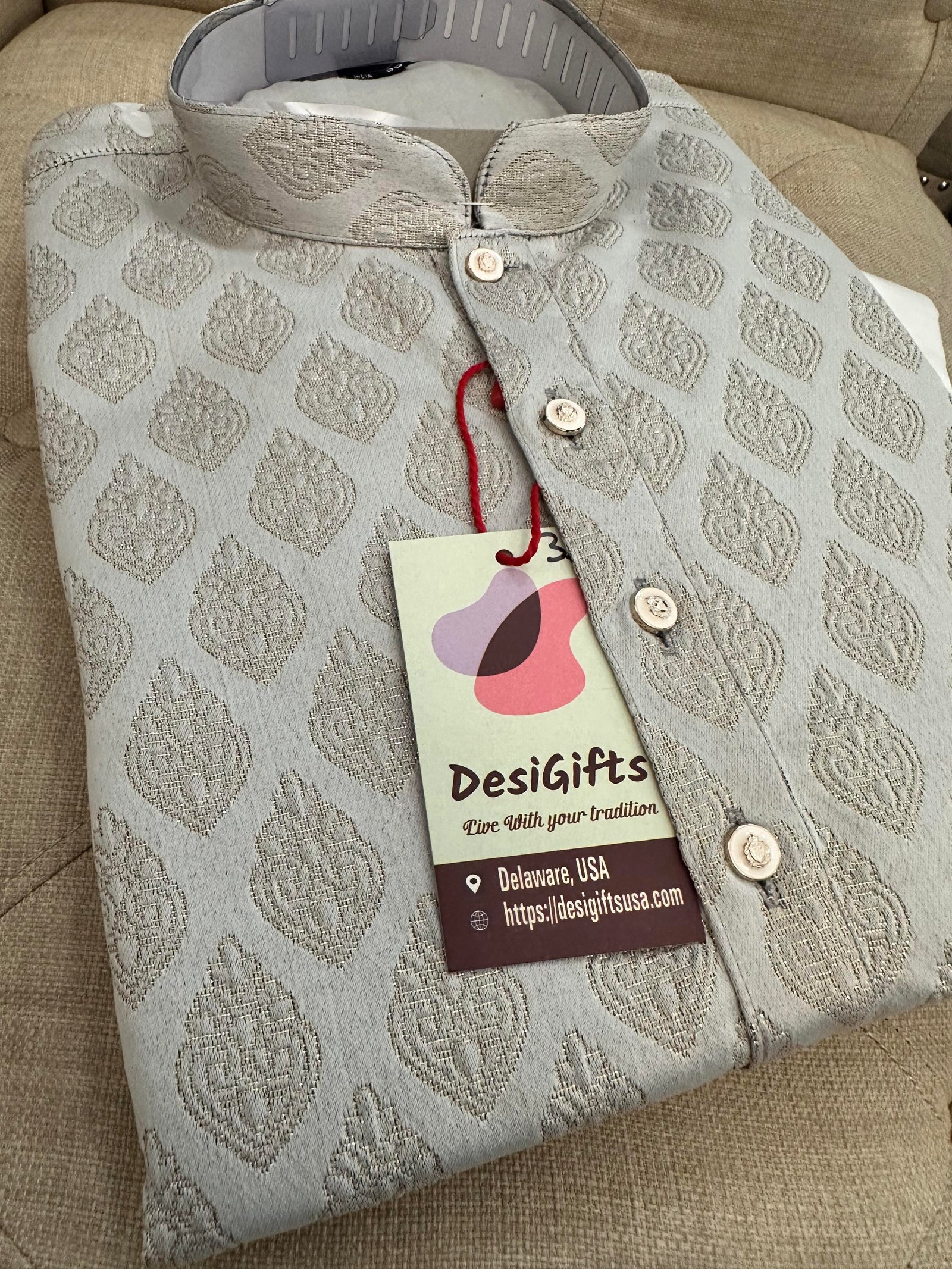 Gray Jacquard Silk Self Woven with Cotton Linen Kurta Pajama Set, Men KPS- 1223