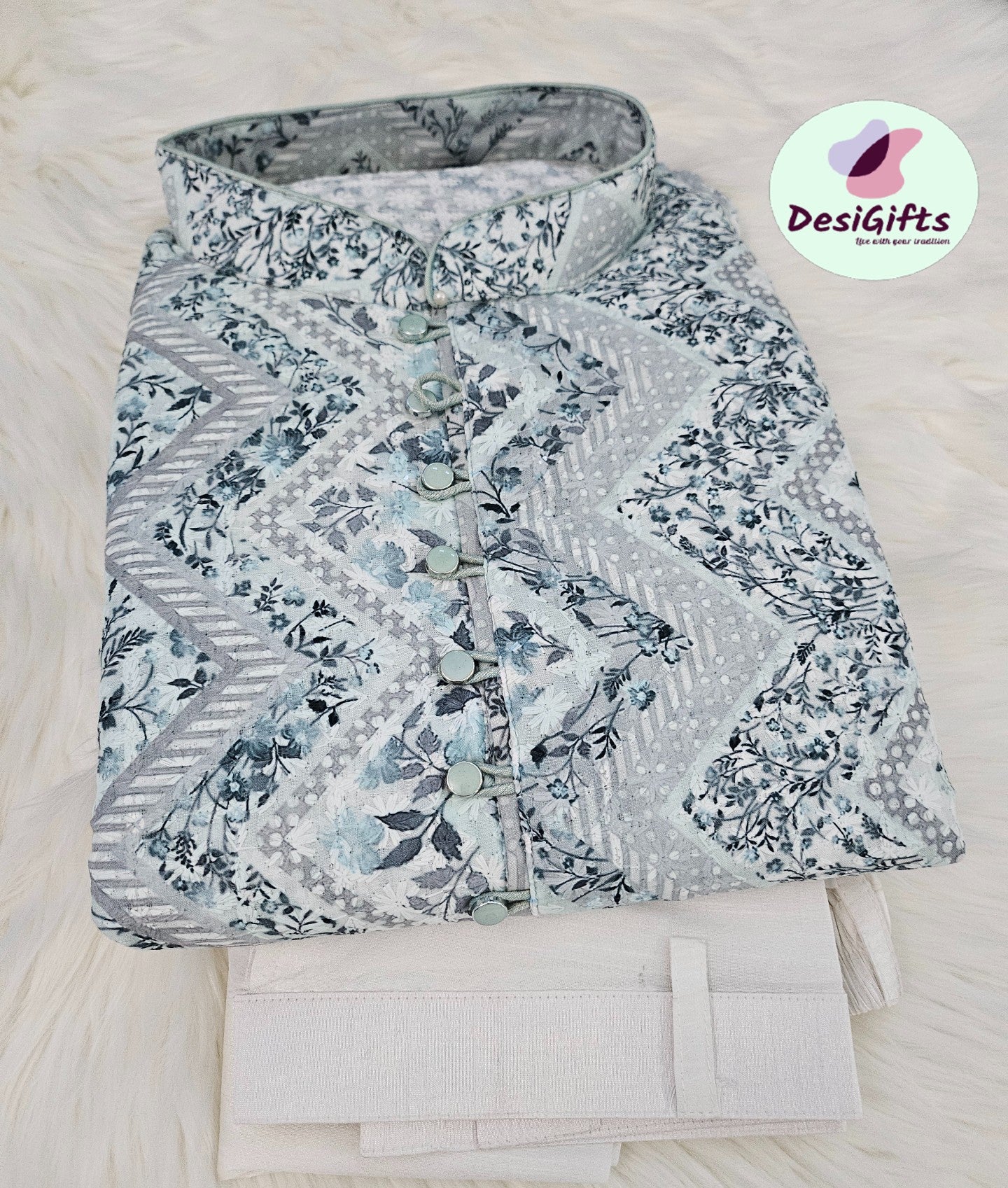 Plus size Bluish Unique Pattern with Chikankari  Kurta Pajama Set, Design KPS- 1224